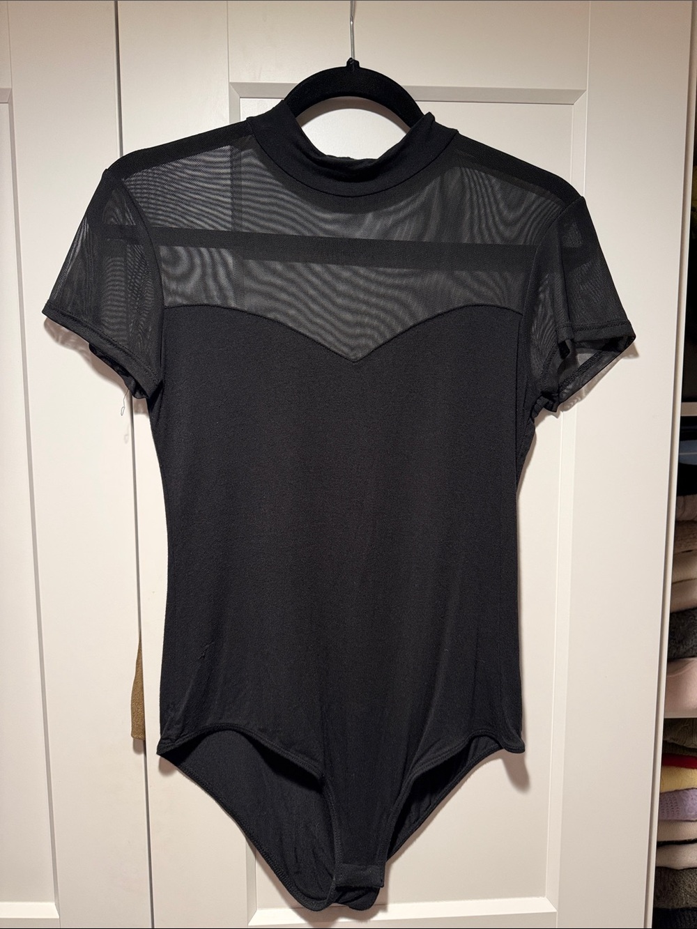 Black Mesh Yoke Short Sleeve Bodysuit with Mock Neck